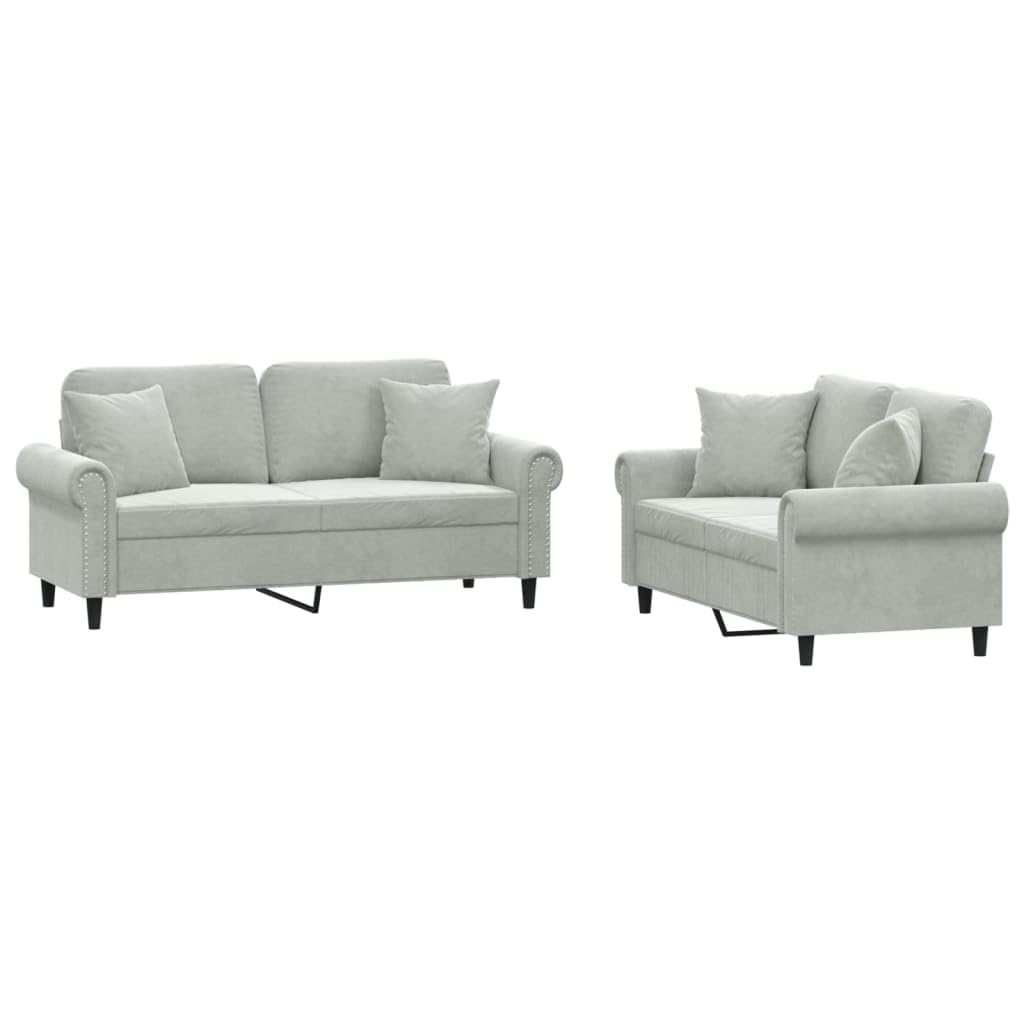 Light Gray Velvet 2 Piece Sofa Set with Throw Pillows J745427
