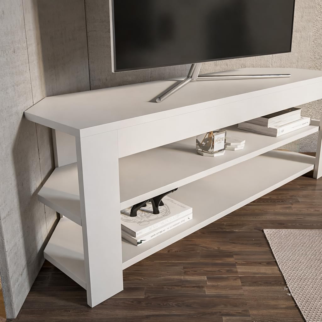 Corner TV Stand with Open Shelves for Up to 60 inch TVs White J1454