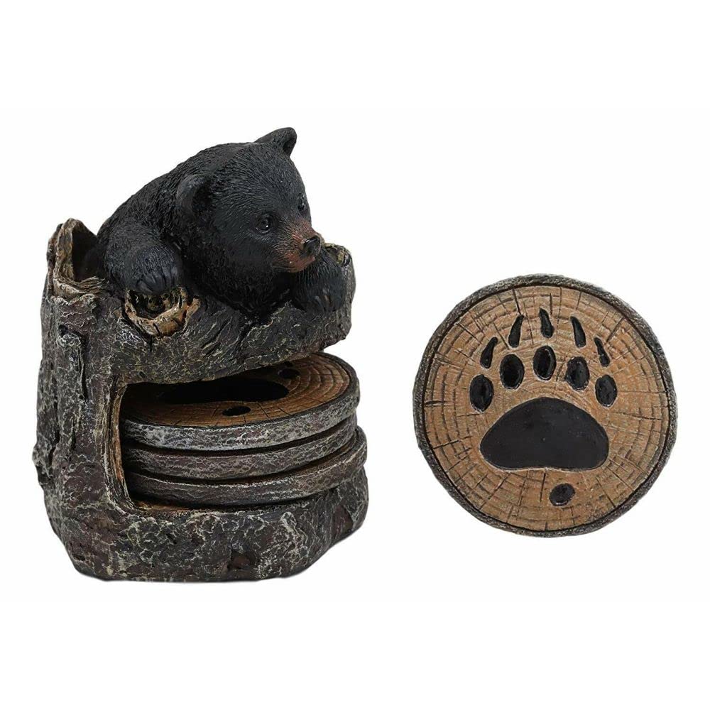 Black Bear Cub Tree Trunk Coaster Holder with 4 Coasters Set V454