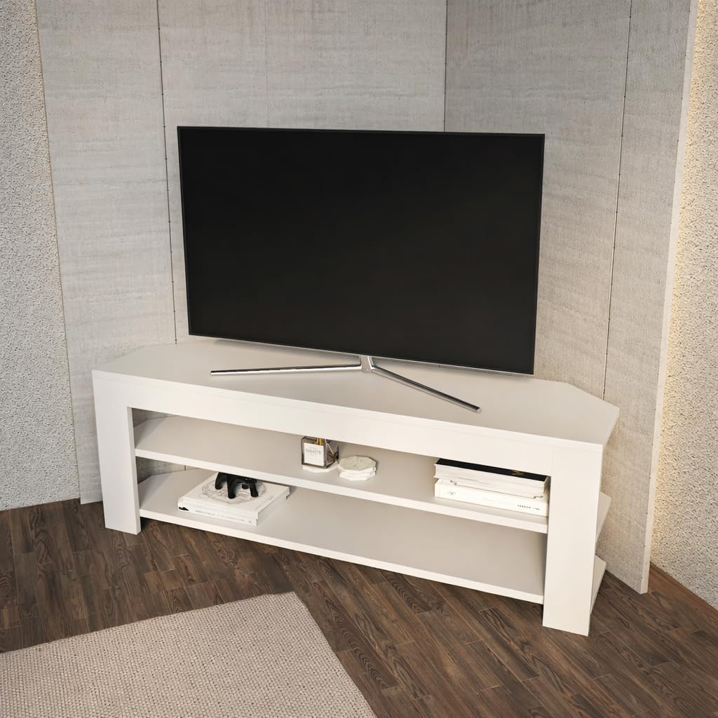 Corner TV Stand with Open Shelves for Up to 60 inch TVs White J1454