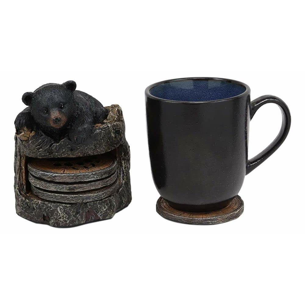 Black Bear Cub Tree Trunk Coaster Holder with 4 Coasters Set V454