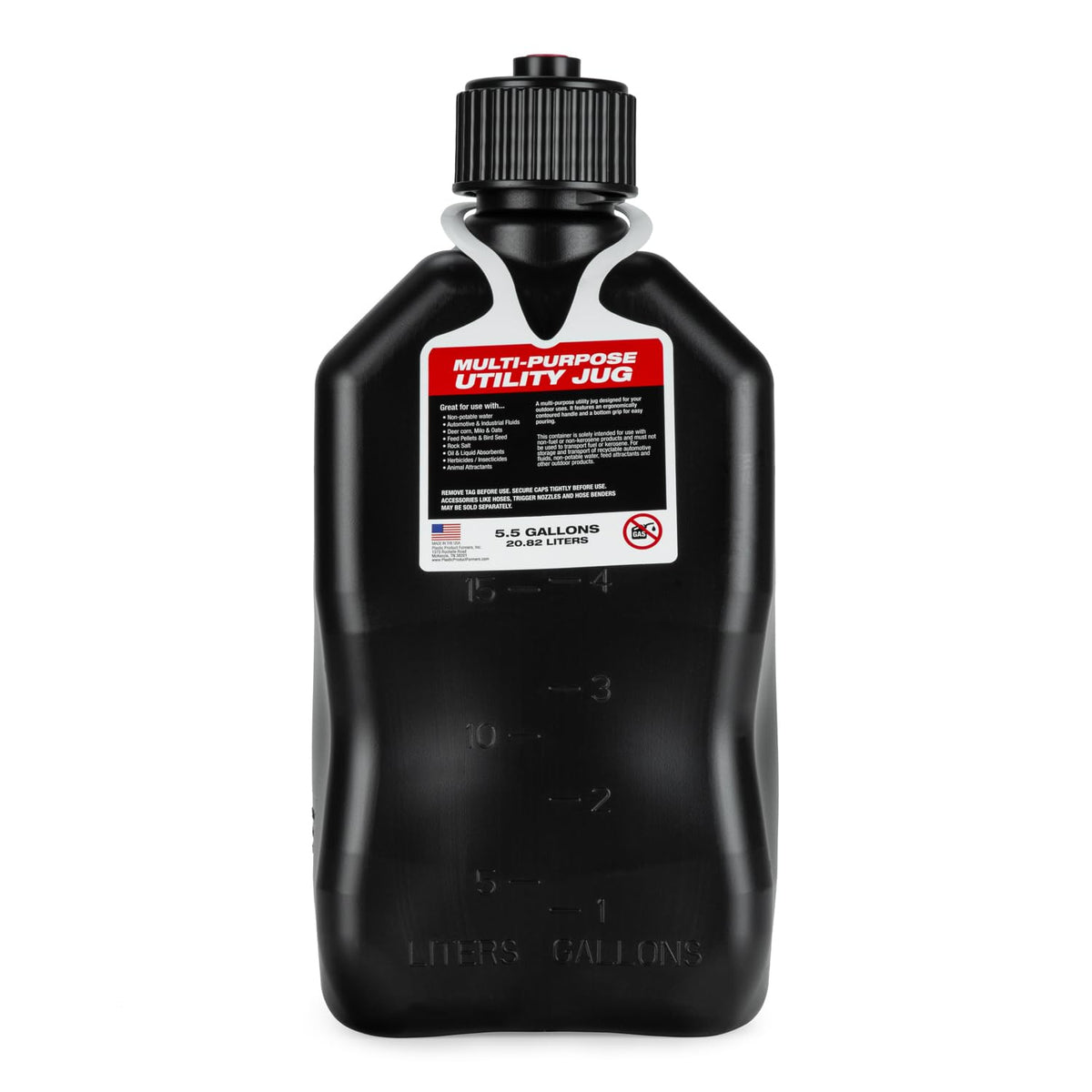 5.5 Gallon Square Motorsport Jug Black with Filler Hoses 4 Pack C485610