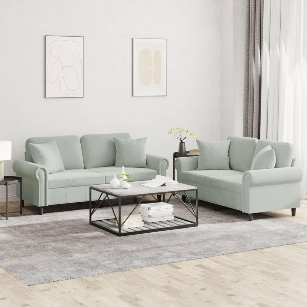 Light Gray Velvet 2 Piece Sofa Set with Throw Pillows J745427