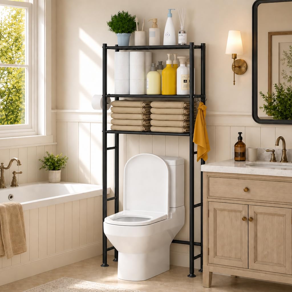 3-Tier Over The Toilet Storage Cabinet with Paper Holder and 4 Hooks R4059