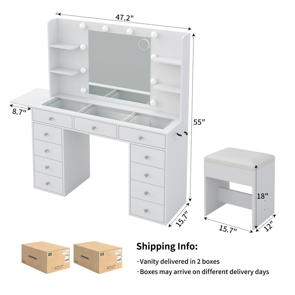 Vanity Desk with Mirror and 12 LED Lights, 11 Drawers & 4 Shelves N25119