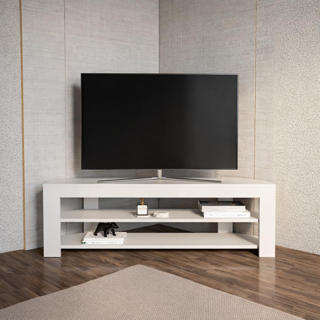 Corner TV Stand with Open Shelves for Up to 60 inch TVs White J1454