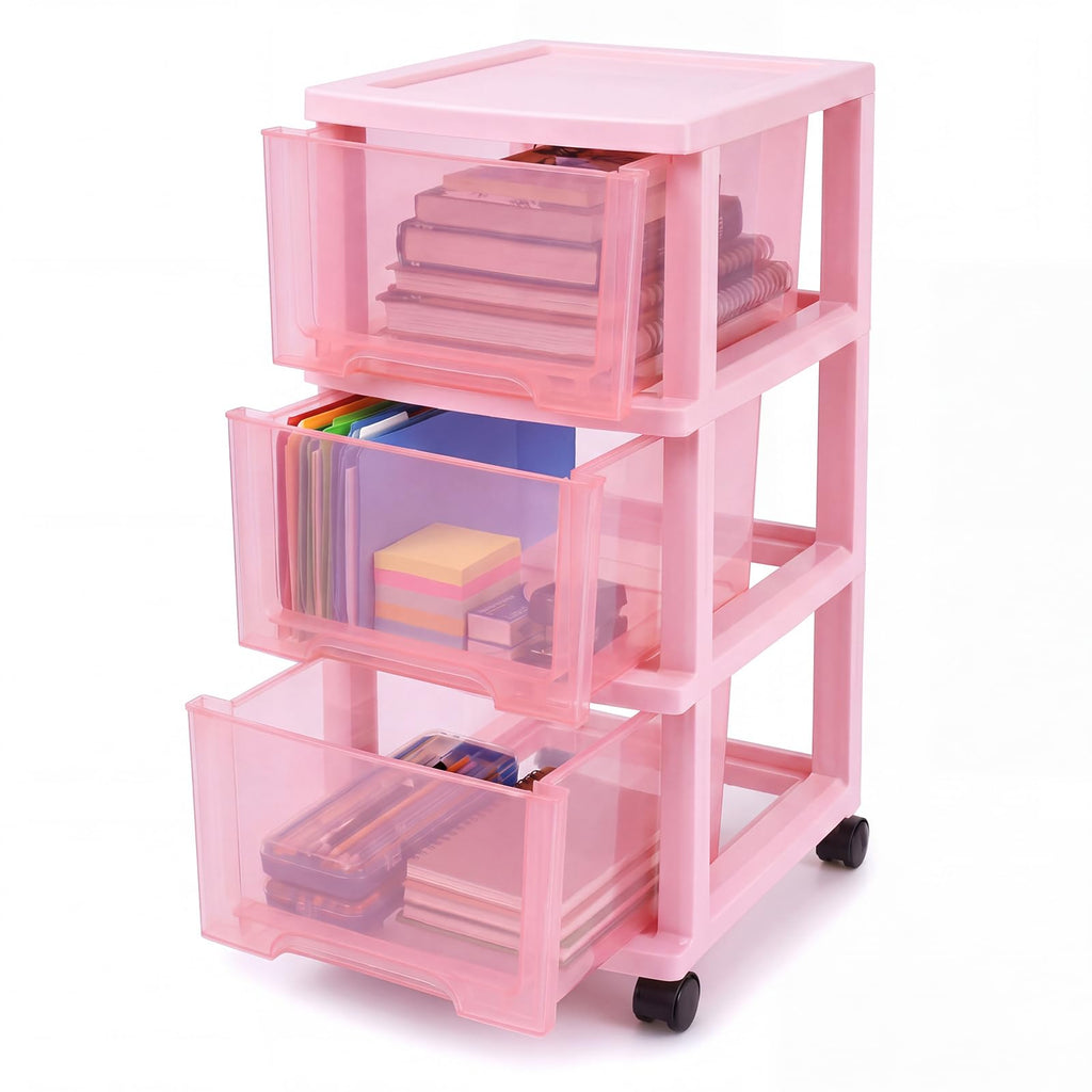 Pink 3-tier Plastic Storage Cart with Wheels Z95595