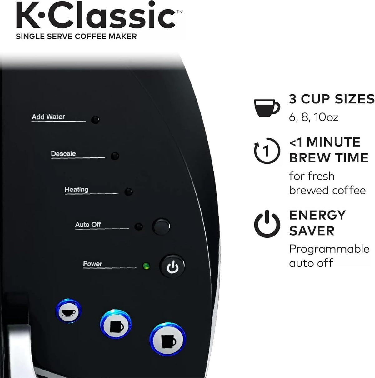 Single Serve K-Cup Pod Coffee Maker, 3 Brew Sizes, 48oz Removable Reservoir, Black U7000