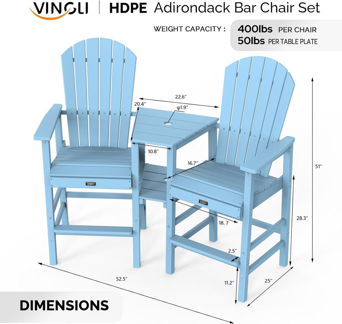 Blue Set of 2 Tall Adirondack Chairs with Dual Trays E422659