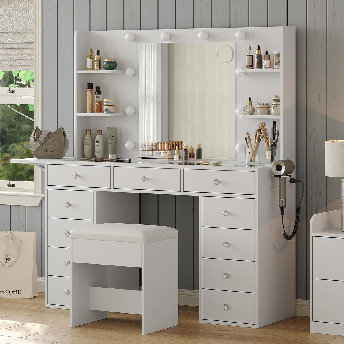 Vanity Desk with Mirror and 12 LED Lights, 11 Drawers & 4 Shelves N25119