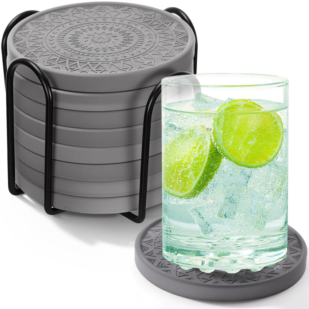 Black Diatomaceous Earth Coasters with Holder 8 Pcs B710