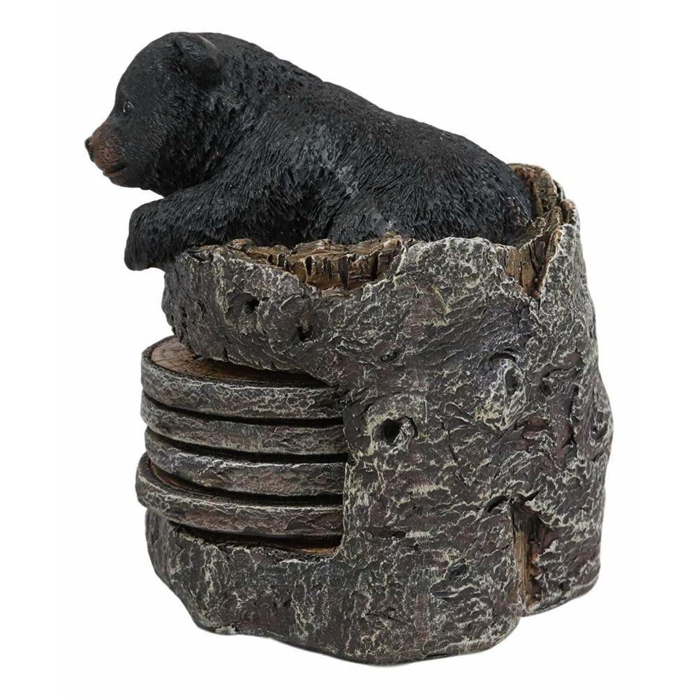 Black Bear Cub Tree Trunk Coaster Holder with 4 Coasters Set V454