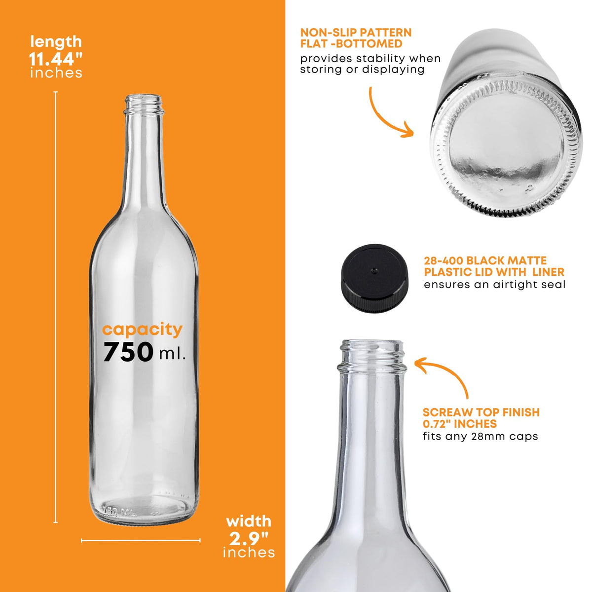 750ml Clear Glass Bottles with Lids, 48-Pack P15912