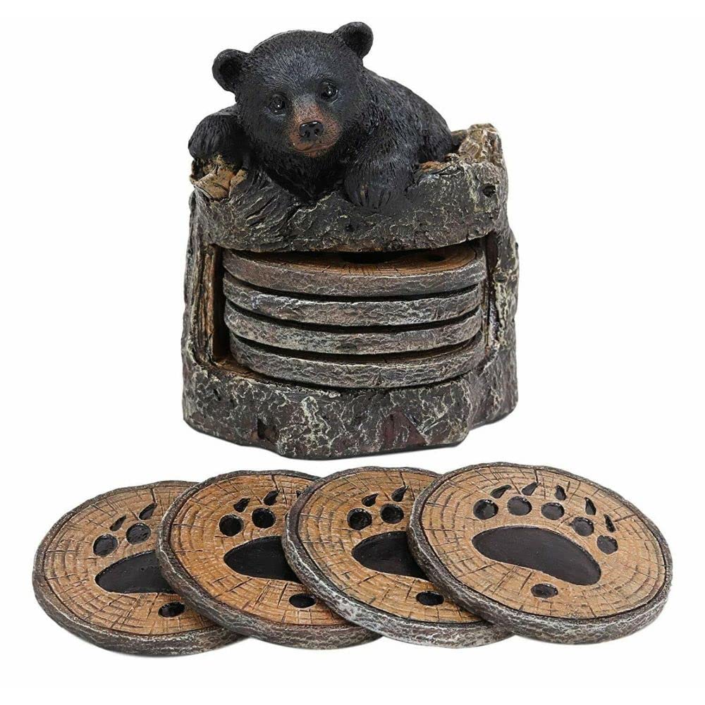 Black Bear Cub Tree Trunk Coaster Holder with 4 Coasters Set V454