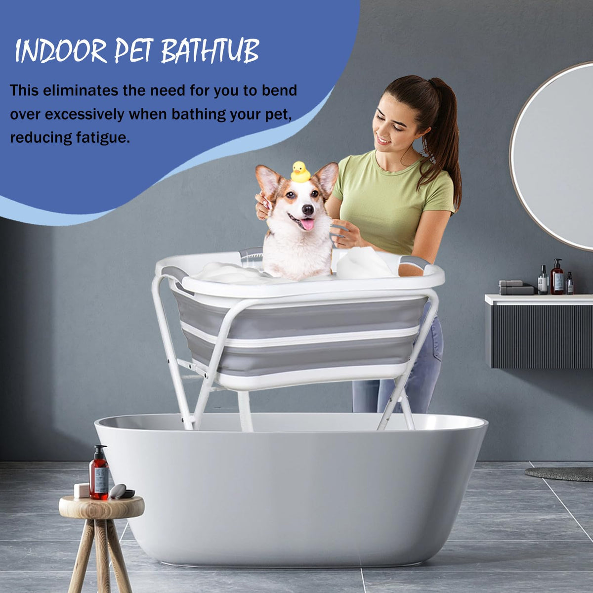 Portable Collapsible Elevated Pet Tub with Built-in Drainage System K42062