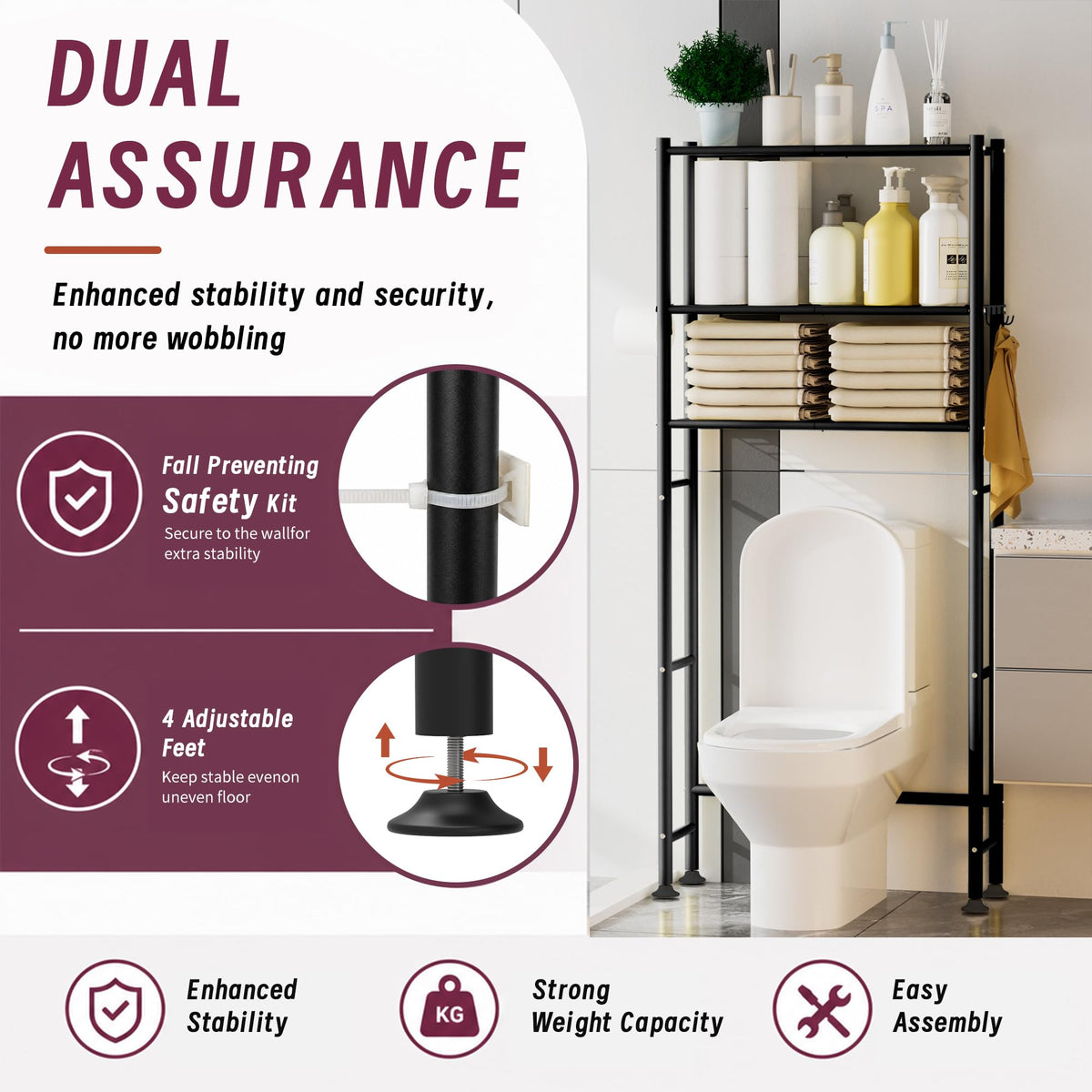 3-Tier Over The Toilet Storage Cabinet with Paper Holder and 4 Hooks R4059