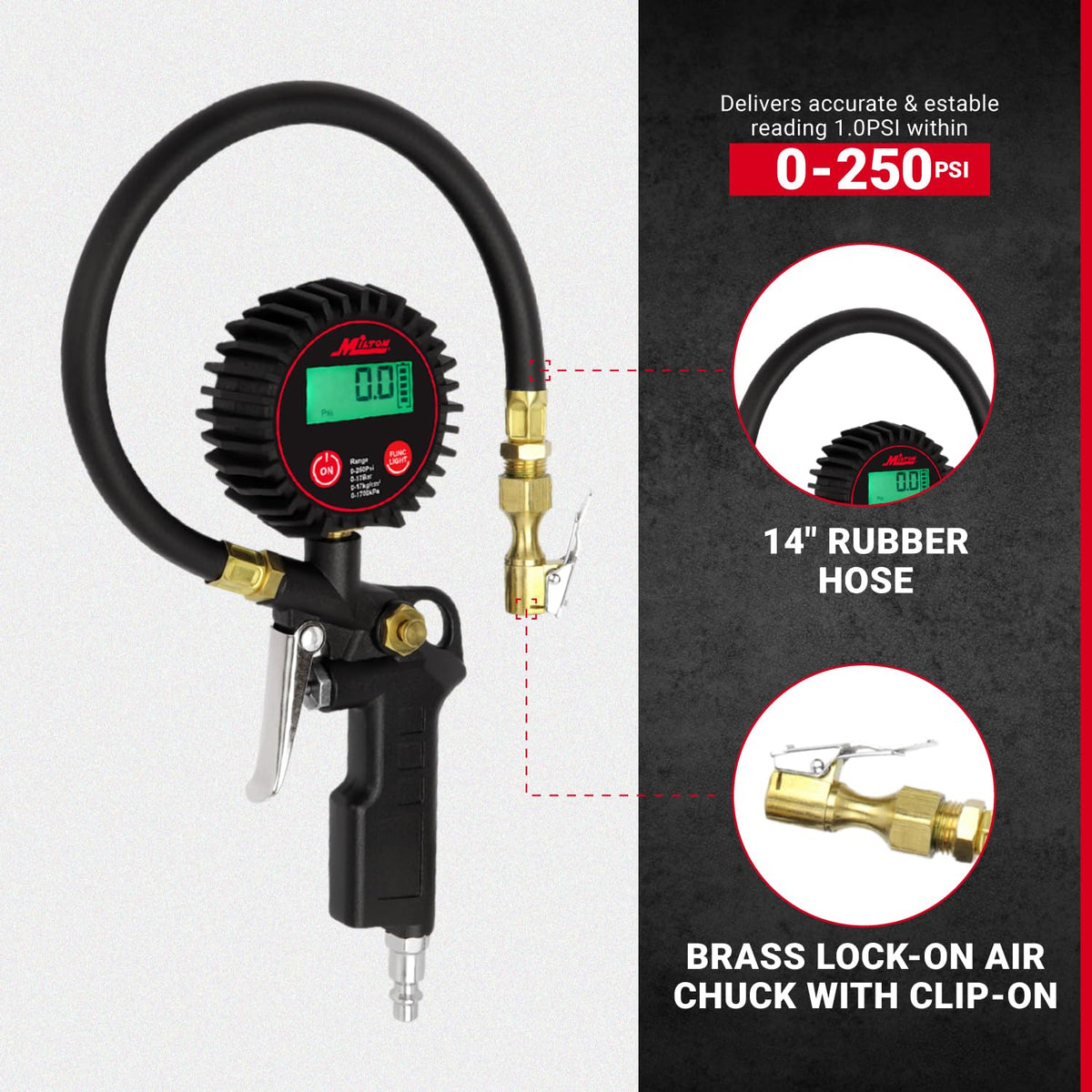 Digital Tire Inflator with Pressure Gauge and 14” Rubber Air Hose D255