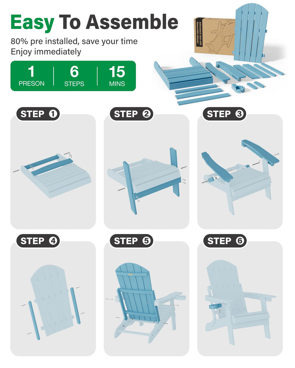 Blue Set of 2 Adirondack Chair with Footrest X2236