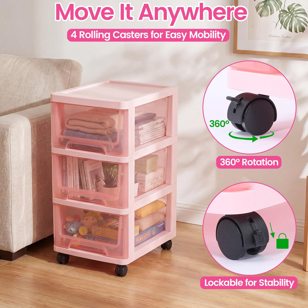 Pink 3-tier Plastic Storage Cart with Wheels Z95595
