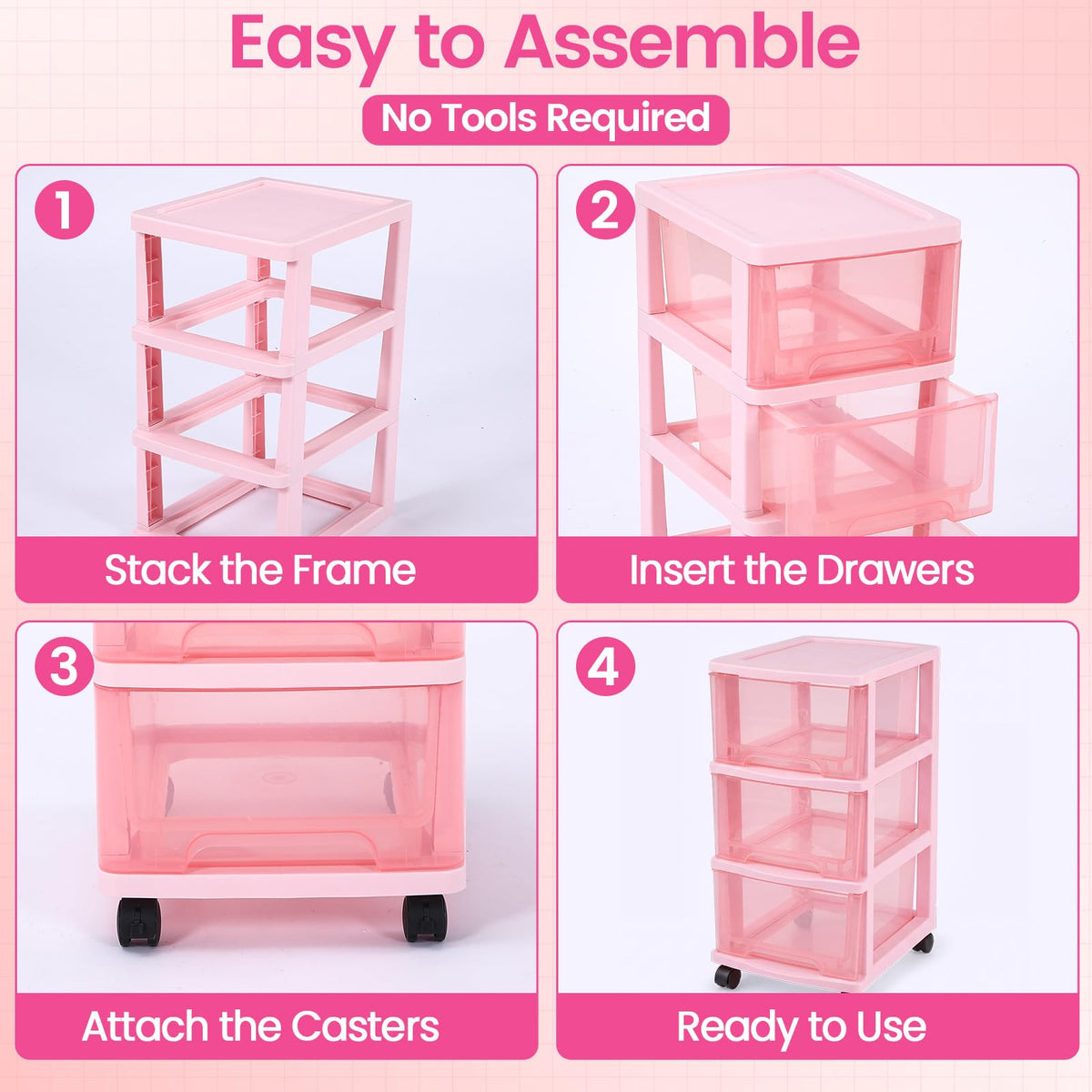 Pink 3-tier Plastic Storage Cart with Wheels Z95595