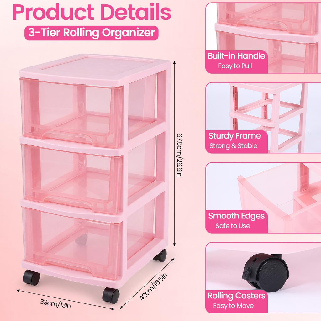 Pink 3-tier Plastic Storage Cart with Wheels Z95595