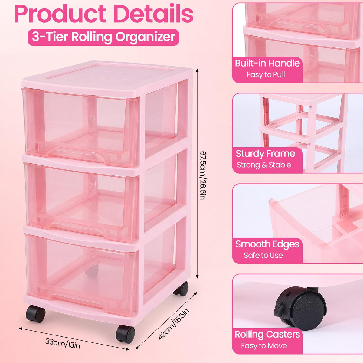 Pink 3-tier Plastic Storage Cart with Wheels Z95595