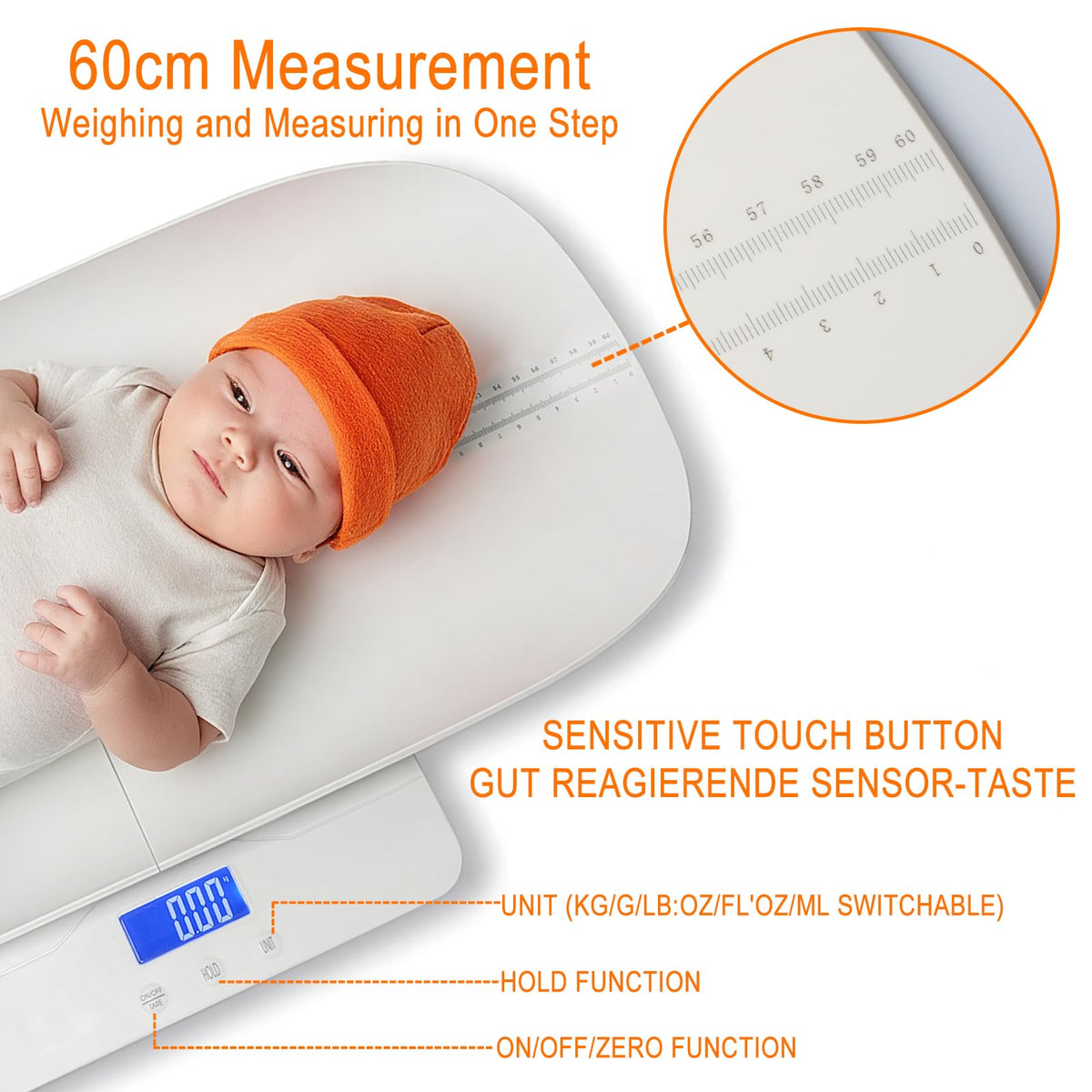 Baby Scale with Measuring Tray, LCD, 3 Weighing Modes H4654