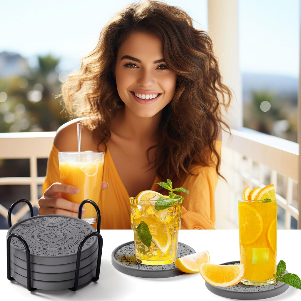 Black Diatomaceous Earth Coasters with Holder 8 Pcs B710