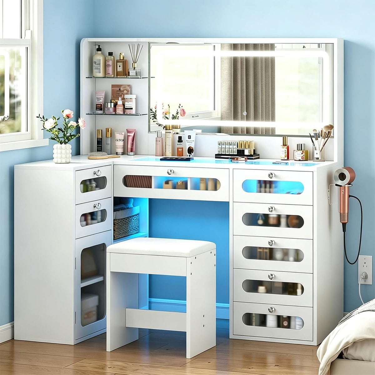 White Makeup Vanity with Mirror and Lights, 8 Drawers and Stool X5349