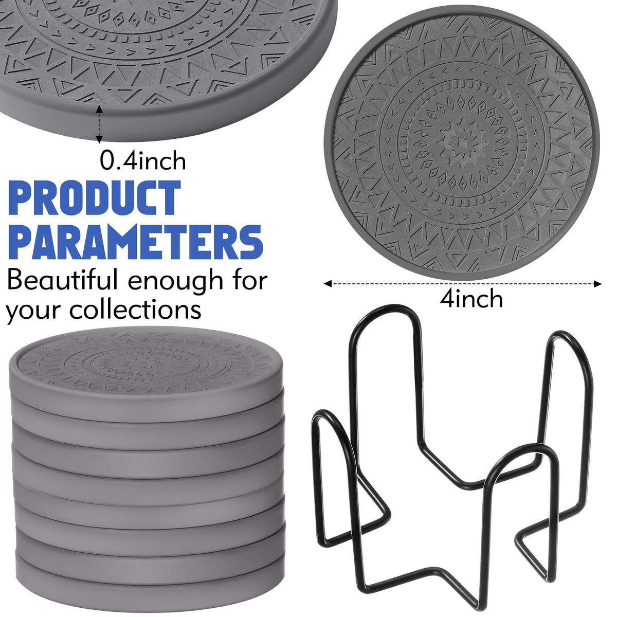 Black Diatomaceous Earth Coasters with Holder 8 Pcs B710