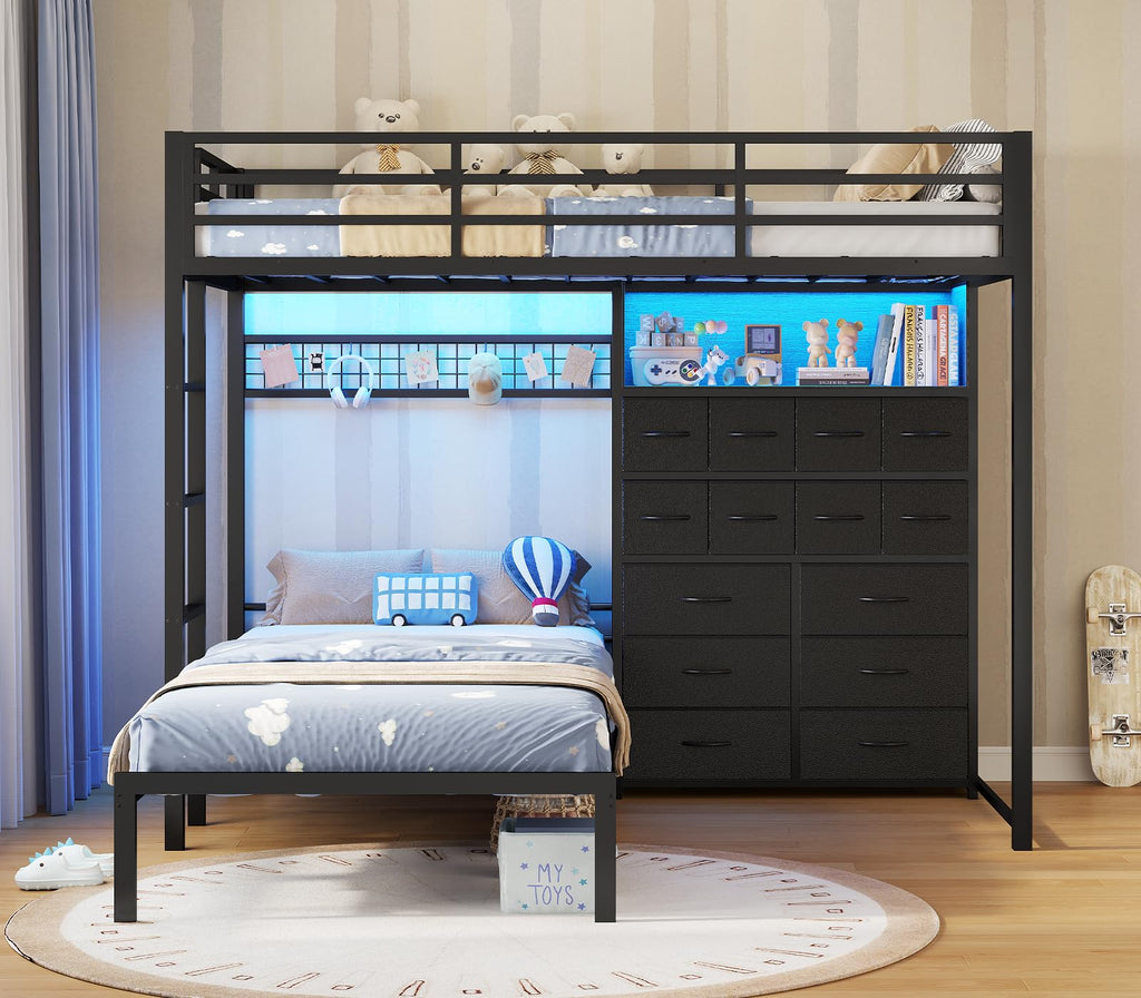 Black Twin Over Twin Bunk Bed with Storage Drawers & Bookshelf O205389