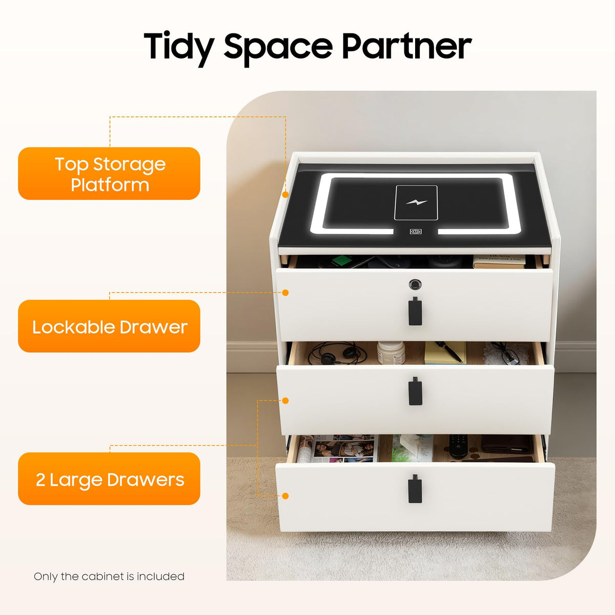 3-Drawer LED Nightstand with Wireless Charging Station Y927545