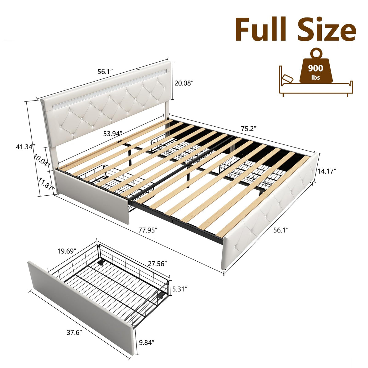White Full Size Bed Frame with 4 Drawers and LED Light U8296