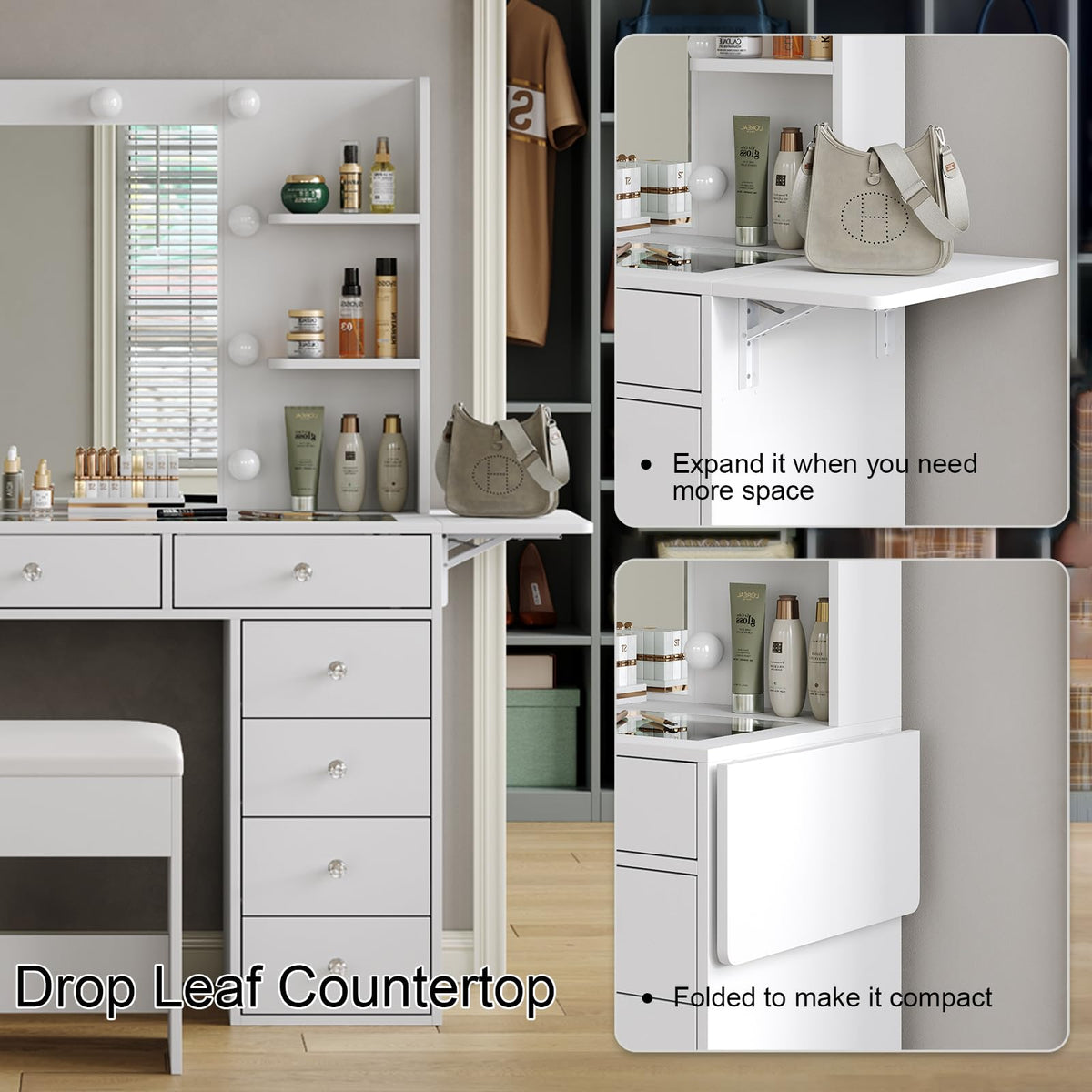Vanity Desk with Mirror and 12 LED Lights, 11 Drawers & 4 Shelves N25119
