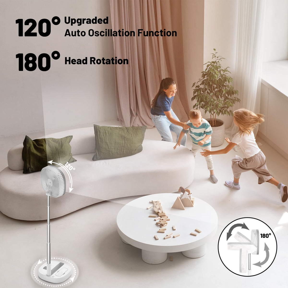 Portable Oscillating Pedestal Fan, 4 Speed 7200Mah Rechargeable Gray P366