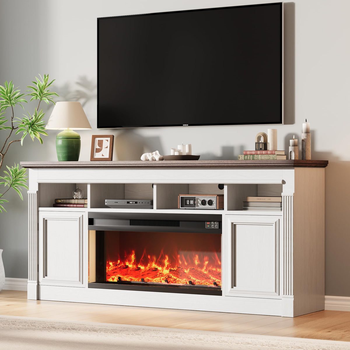 66 Inch White & Brown Two-Tone Fireplace TV Stand F182