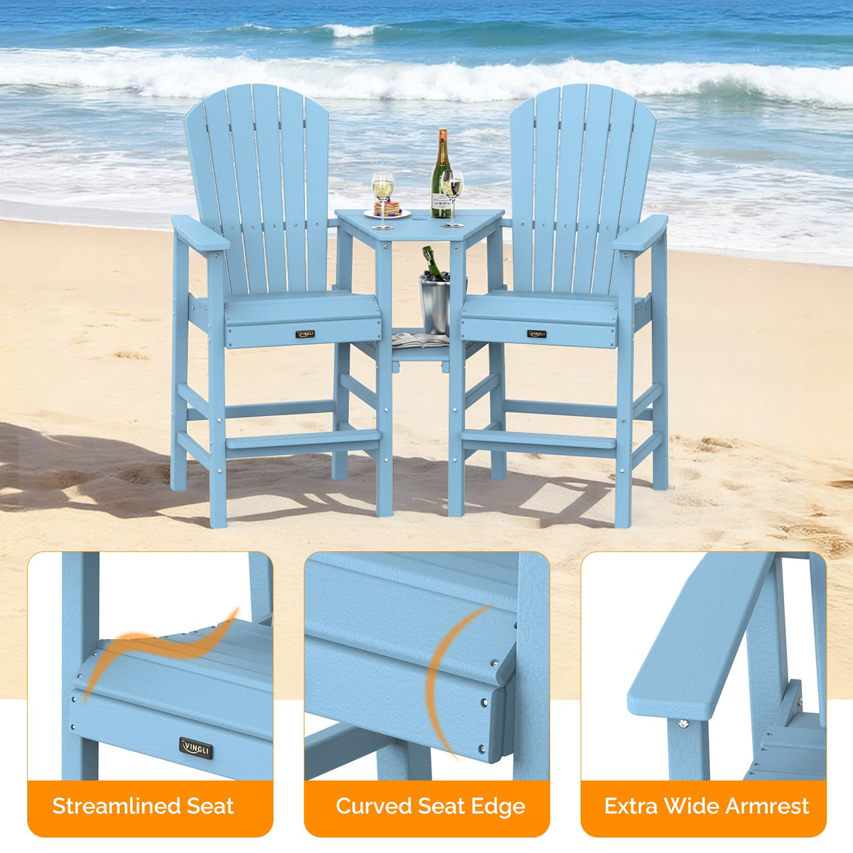 Blue Set of 2 Tall Adirondack Chairs with Dual Trays E422659