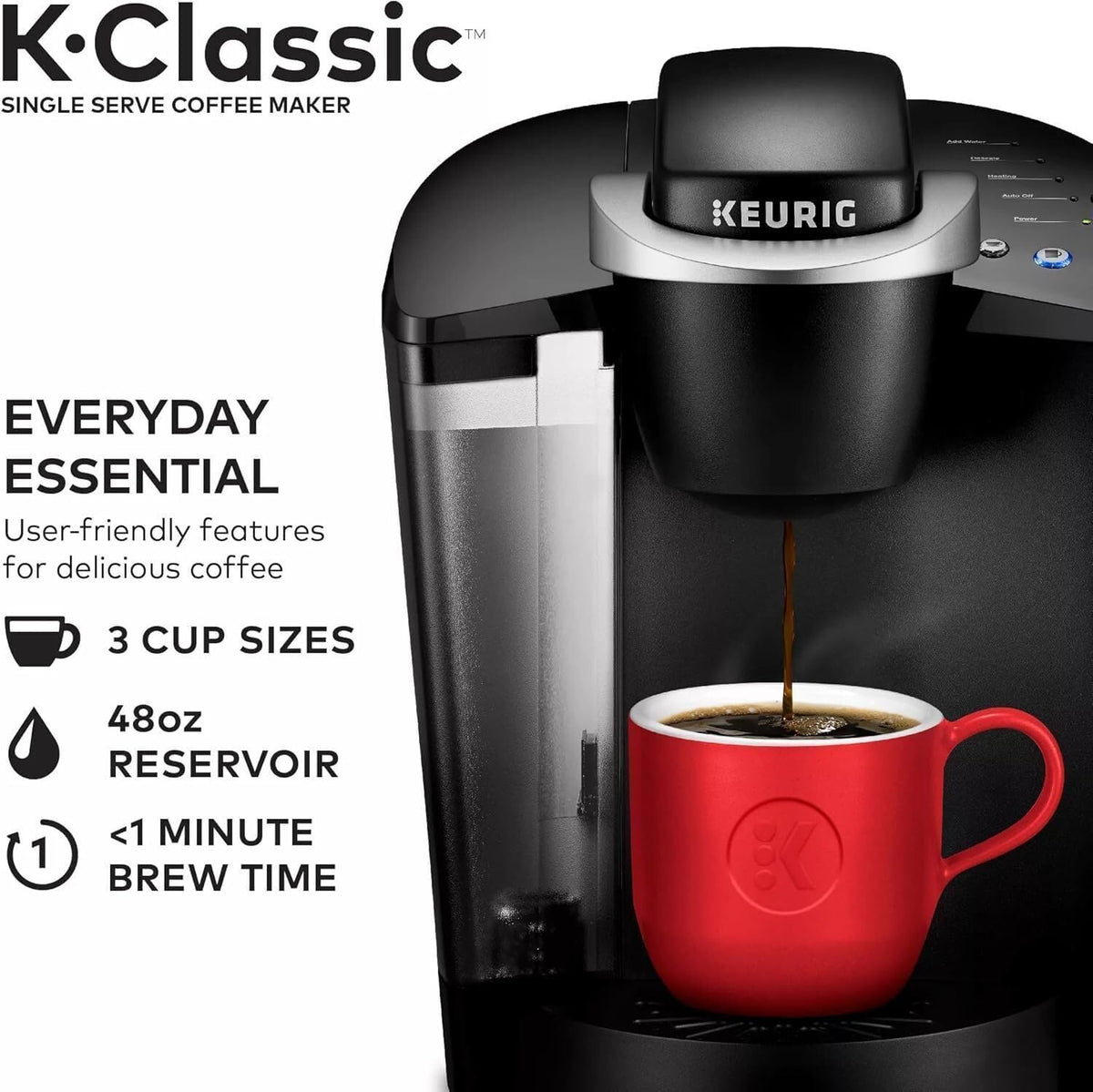 Single Serve K-Cup Pod Coffee Maker, 3 Brew Sizes, 48oz Removable Reservoir, Black U7000