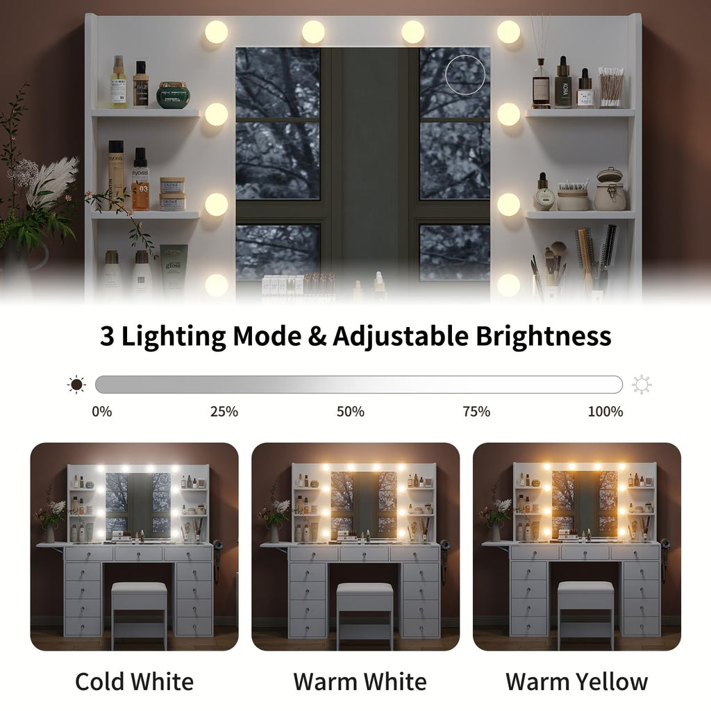 Vanity Desk with Mirror and 12 LED Lights, 11 Drawers & 4 Shelves N25119