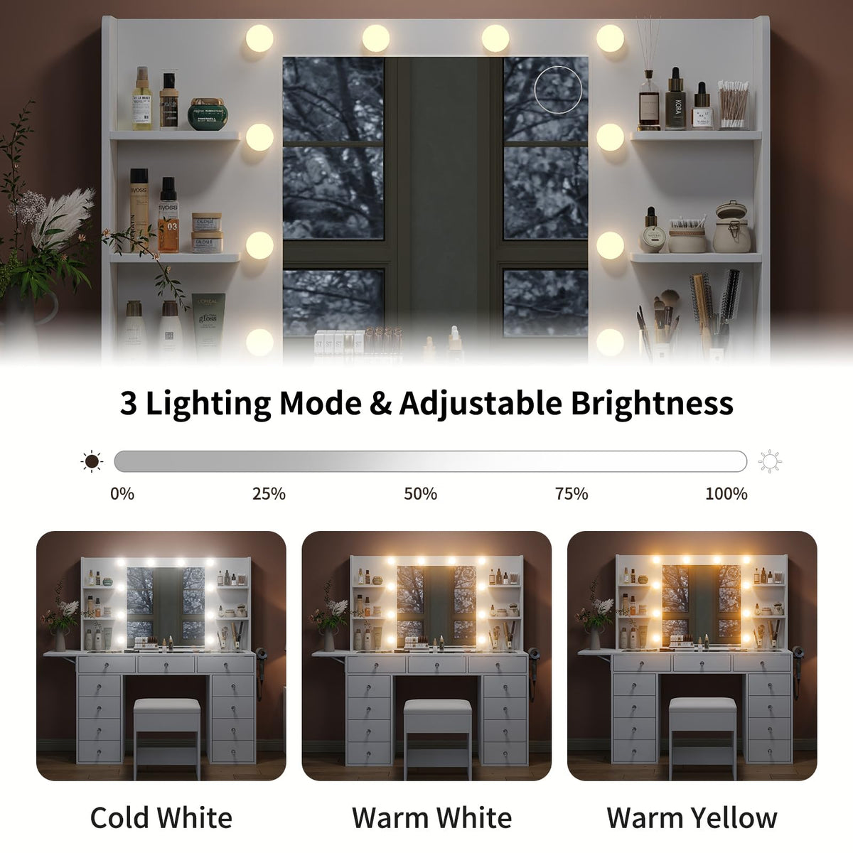 Vanity Desk with Mirror and 12 LED Lights, 11 Drawers & 4 Shelves N25119