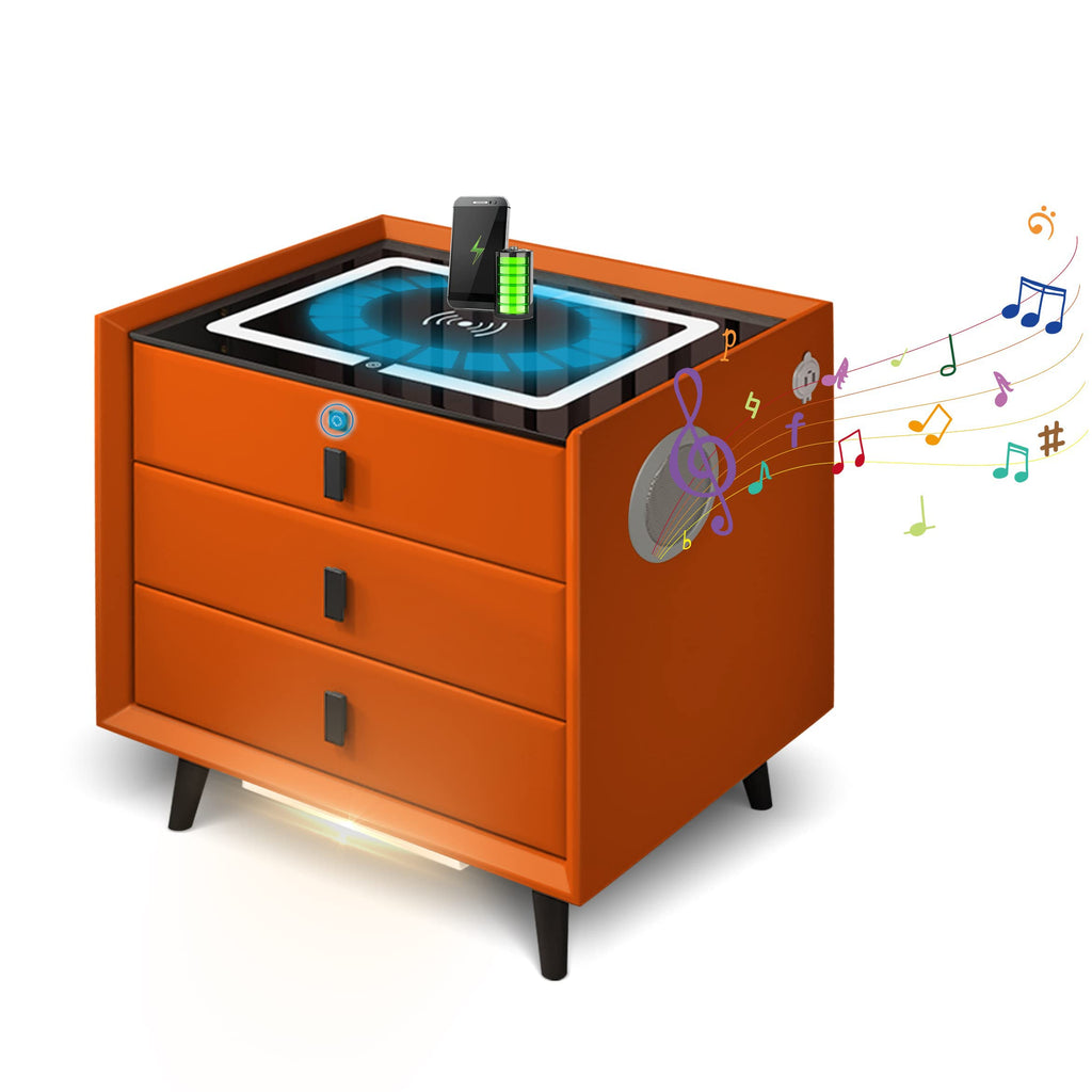 Orange 3 Drawer Nightstand with Wireless Charging Station and USB Charging Q696