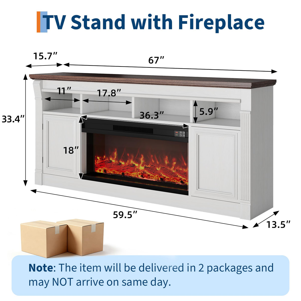 66 Inch White & Brown Two-Tone Fireplace TV Stand F182