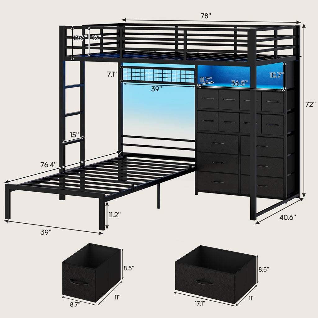 Black Twin Over Twin Bunk Bed with Storage Drawers & Bookshelf O205389