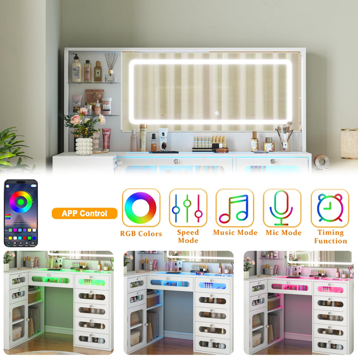 White Makeup Vanity with Mirror and Lights, 8 Drawers and Stool X5349