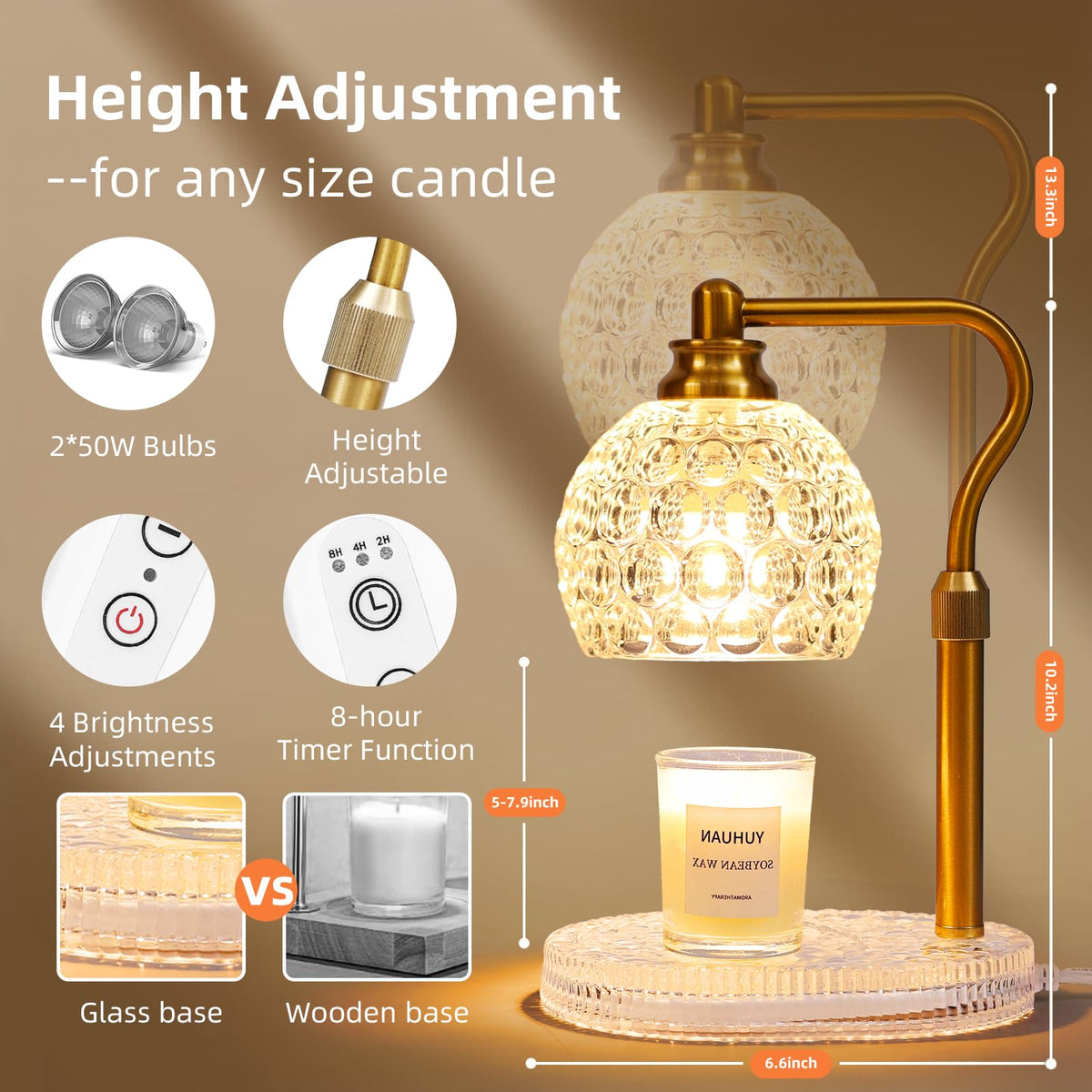 Candle Warmer Lamp with Timer & Dimmer, Height Adjustable H47709