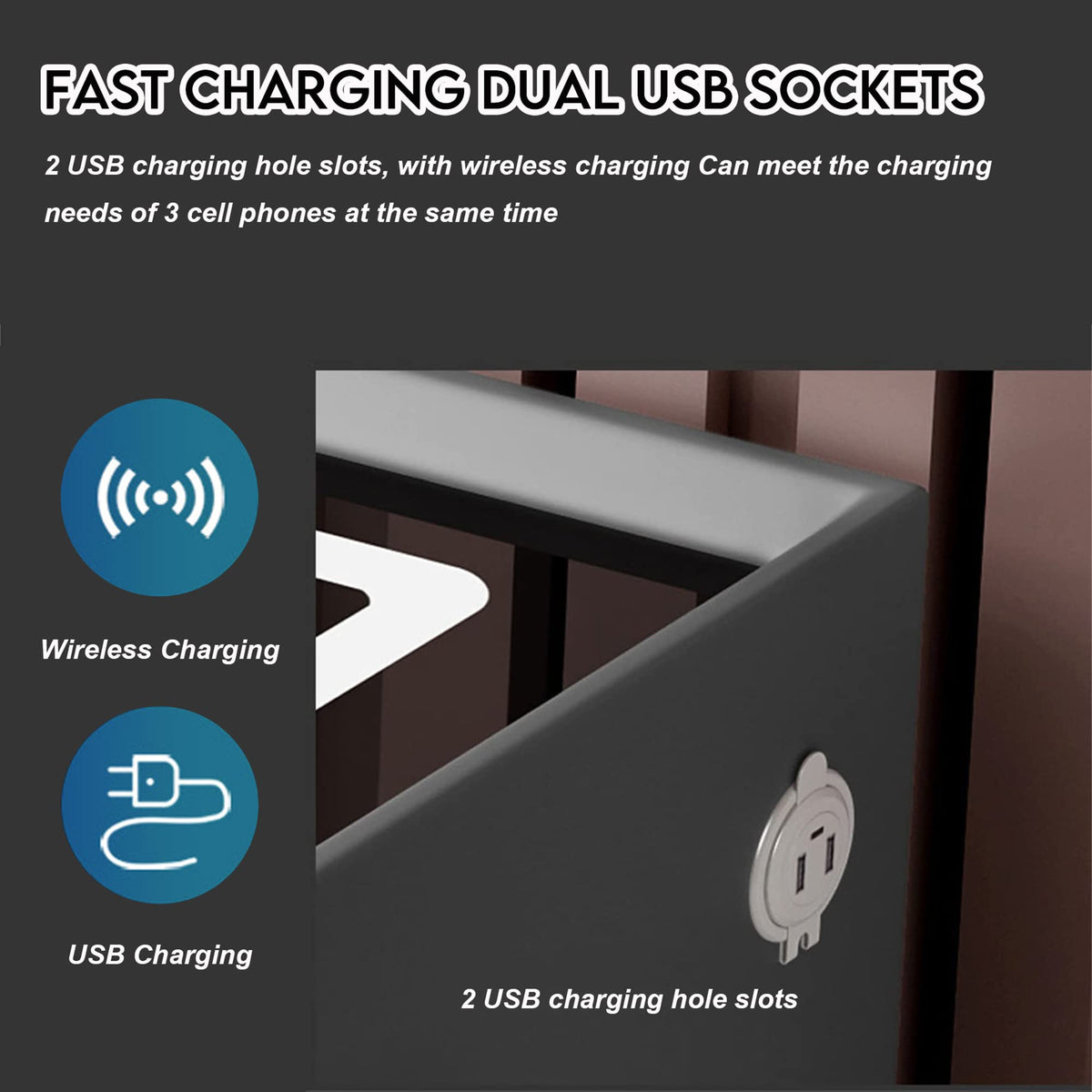 Orange 3 Drawer Nightstand with Wireless Charging Station and USB Charging Q696
