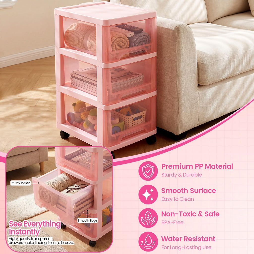 Pink 3-tier Plastic Storage Cart with Wheels Z95595