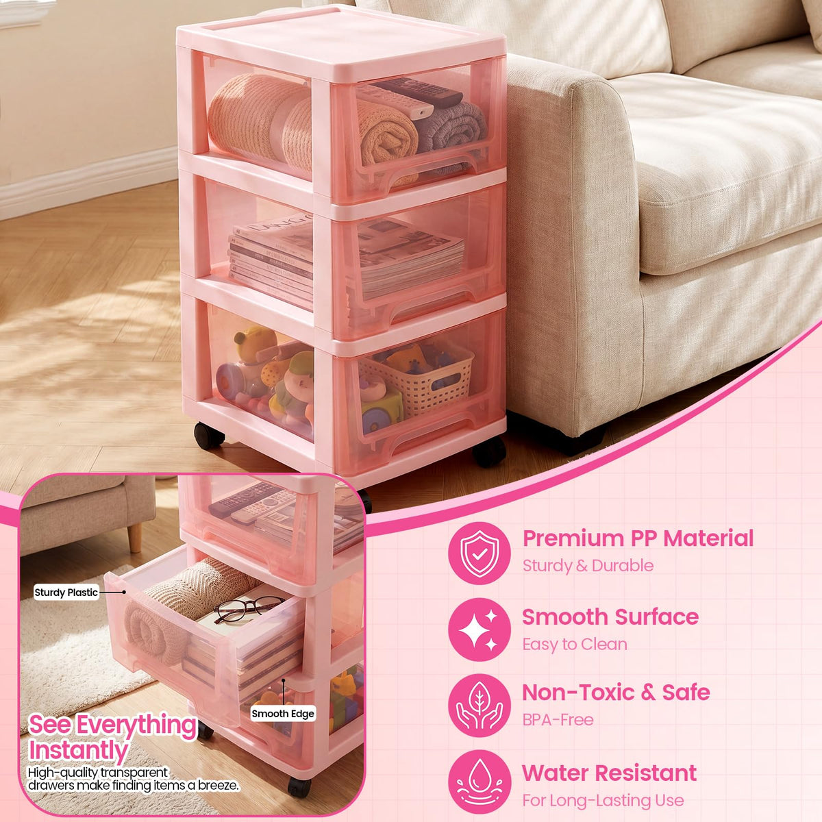 Pink 3-tier Plastic Storage Cart with Wheels Z95595