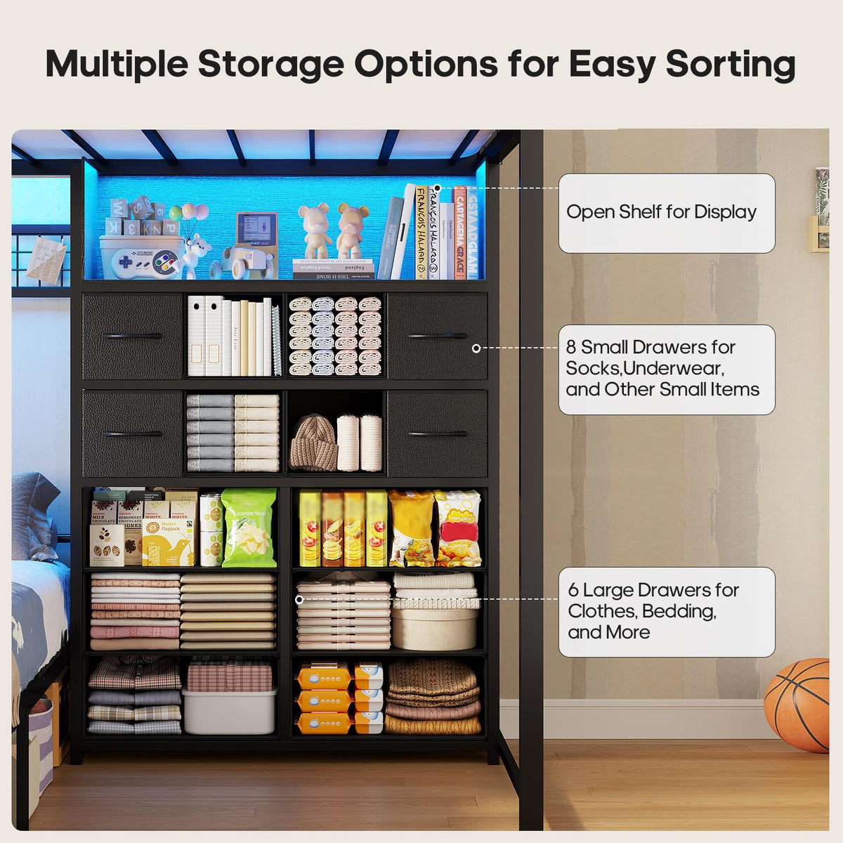 Black Twin Over Twin Bunk Bed with Storage Drawers & Bookshelf O205389