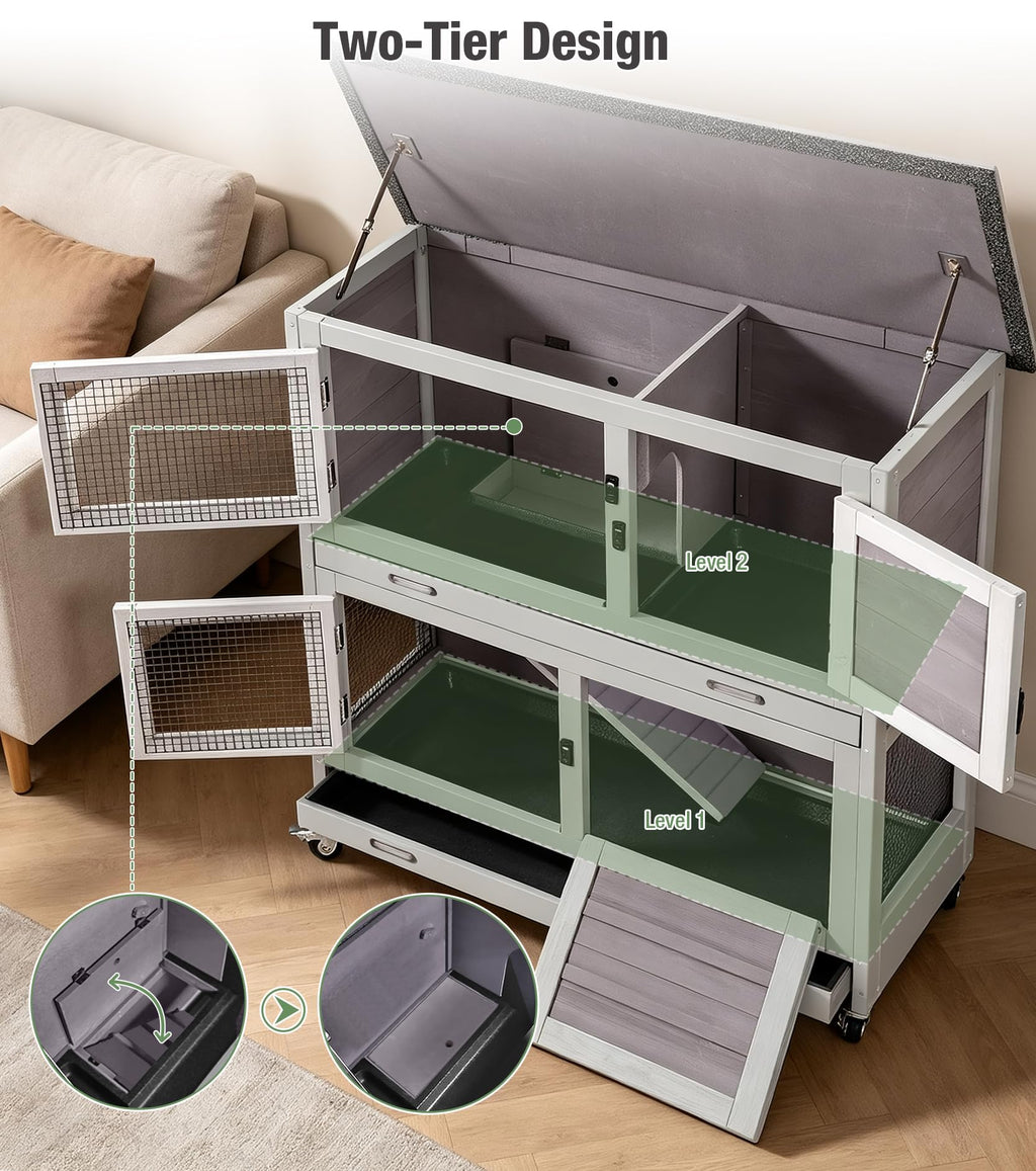 Two-Tier Guinea Pig Cage Rabbit Hutch with Ramp J190